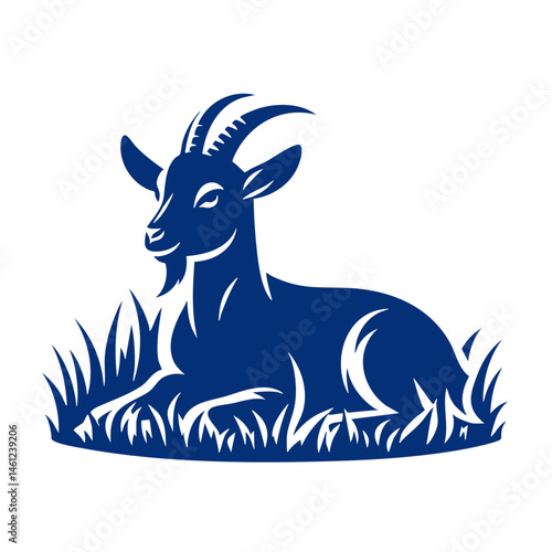Majestic Goat in Grassland: A Stunning Blue Silhouette Illustration