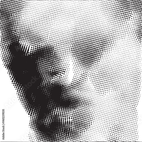 A close-up portrait showcases a partial face rendered in halftone dots.