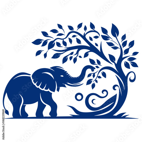 Majestic Elephant Silhouette with Lush Tree: Nature's Embrace