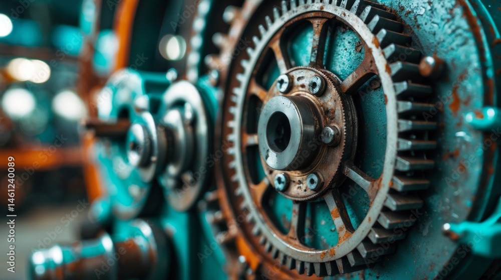 Fototapeta premium Grungy gears of an old industrial machine with a blurred background. 