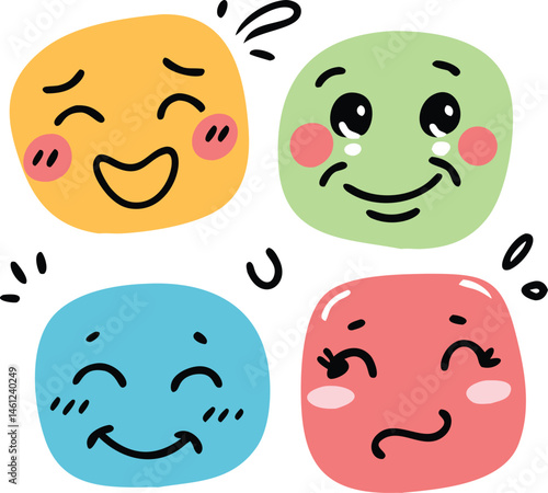 Square Emoji Faces with Expressions. Cute Pastel Emotion Icon Set for Kids.
