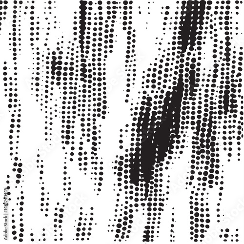 Black dots cascade downwards against a white background creating an abstract vertical