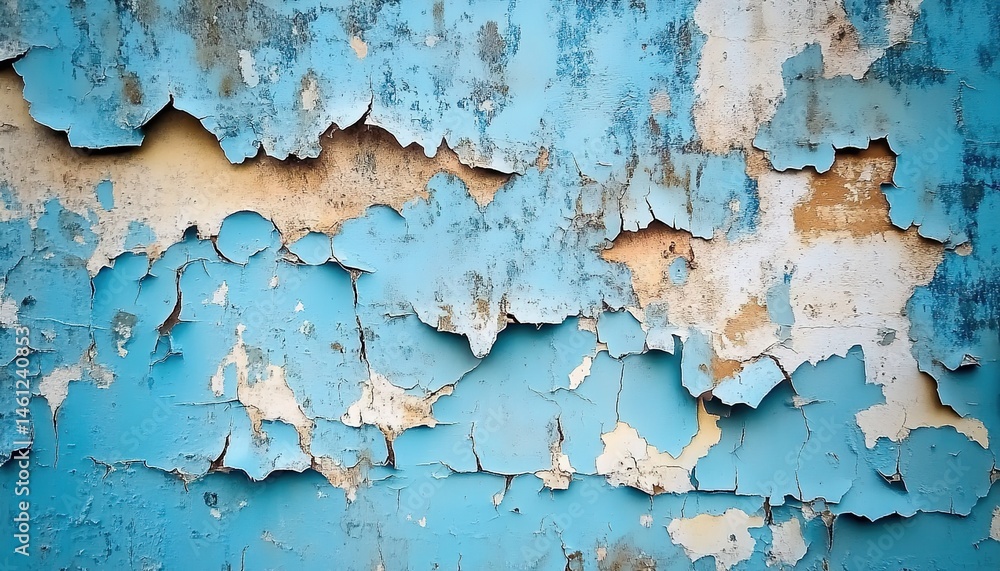 Obraz premium Peeling blue paint revealing patchy gray-white wall texture.