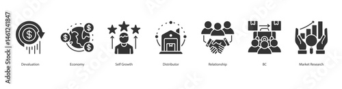 Economic Adaptation web banner icon sheet devaluation, economy, self growth, distributor, relationship, b2c, market research