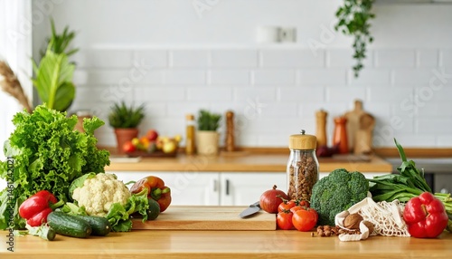 Wallpaper Mural A rustic wooden cutting board showcases a vibrant array of fresh vegetables, including bell peppers, tomatoes, and leafy herbs, ready for meal prep. Torontodigital.ca