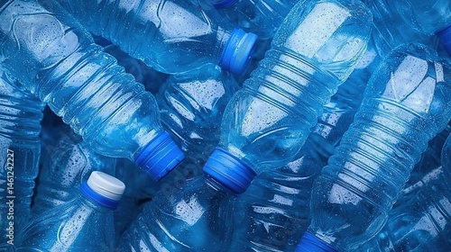 Pile of empty blue-capped plastic water bottles.