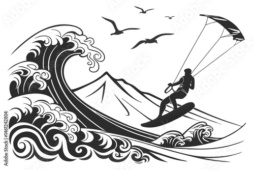 43 Black and white illustration, kitesurfing silhouette, dynamic ocean waves, ornate wave patterns, stylized water splashes, flying seagulls, mountain landscape, dramatic contrast, high-energy action 