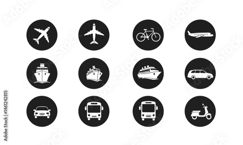 Transportation Icons Set. Twelve black transportation icons in black circles, featuring airplanes, a bicycle, ships, cars, buses, and a scooter.
