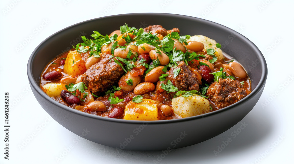 Hearty stew with meatballs, potatoes, and variety of beans, garnished with fresh parsley, served in black bowl Hearty stew with meatballs, potatoes, and variety of beans, garnished with fresh parsley, served in black bowl