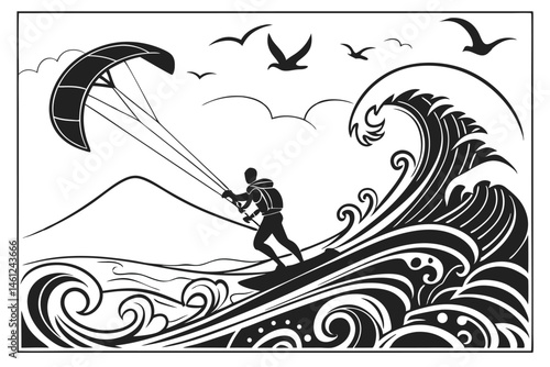 43 Black and white illustration, kitesurfing silhouette, dynamic ocean waves, ornate wave patterns, stylized water splashes, flying seagulls, mountain landscape, dramatic contrast, high-energy action 