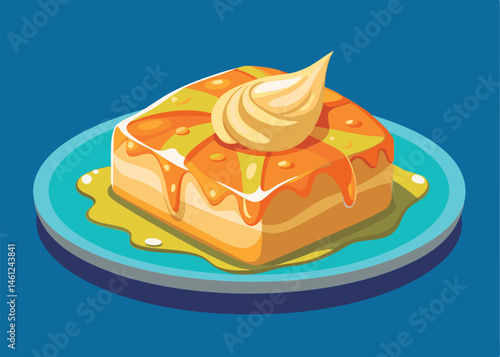 Sweet waffle with whipped cream and syrup.