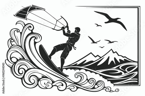 43 Black and white illustration, kitesurfing silhouette, dynamic ocean waves, ornate wave patterns, stylized water splashes, flying seagulls, mountain landscape, dramatic contrast, high-energy action 