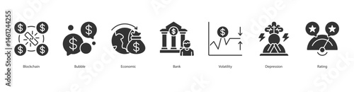 Economic Crisis icon sheet web banner vector illustration blockchain, bubble, economic, bank, volatility, depression, rating