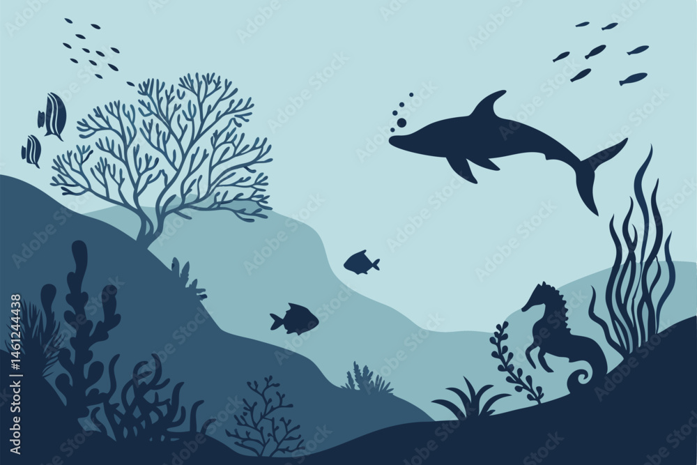 Obraz premium 44 Underwater seascape, deep blue ocean, silhouettes of marine life, coral reefs, seaweed forests, schools of fish, sharks, seahorses, layered composition, monochromatic blue palette, atmospheric pers