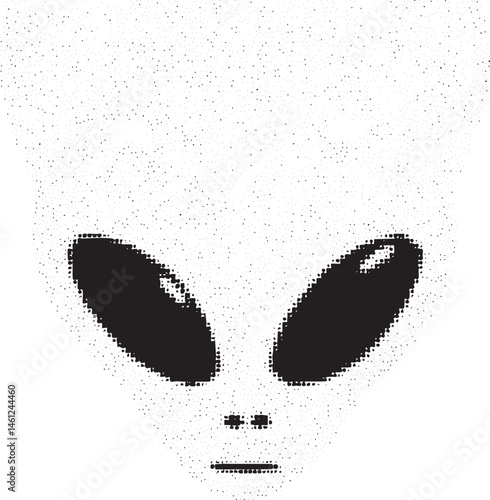 A monochrome silhouette of a humanoid alien with large dark eyes and a small mouth.