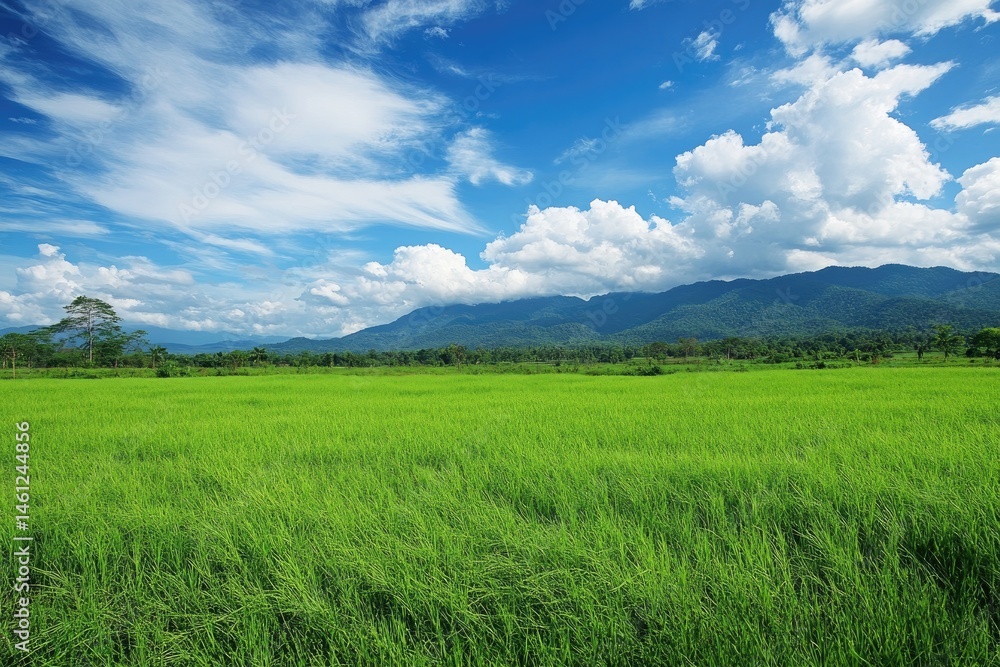 Lush green rice paddy stretches to a mountain range under a vibrant blue sky with fluffy white clouds Lush green rice paddy stretches to a mountain range under a vibrant blue sky with fluffy white clouds