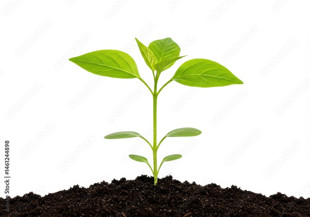 Small plant growing in soil against a white background representing new life Small plant growing in soil against a white background representing new life