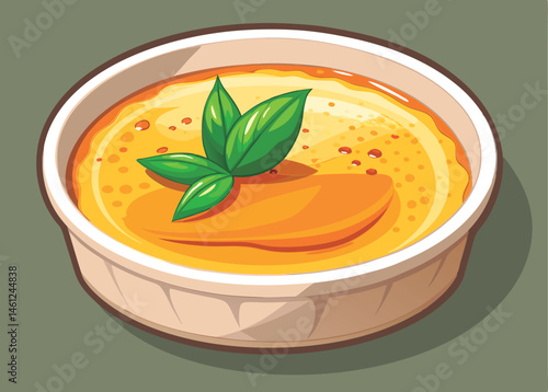 Delicious custard dessert with basil garnish.