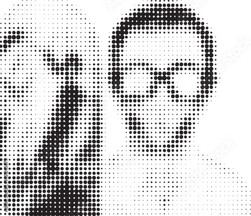A monochrome portrait reveals a man's face constructed from numerous overlapping dots.