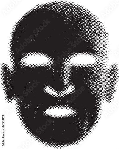 A grayscale portrait of a human face with stark white eyes and mouth.