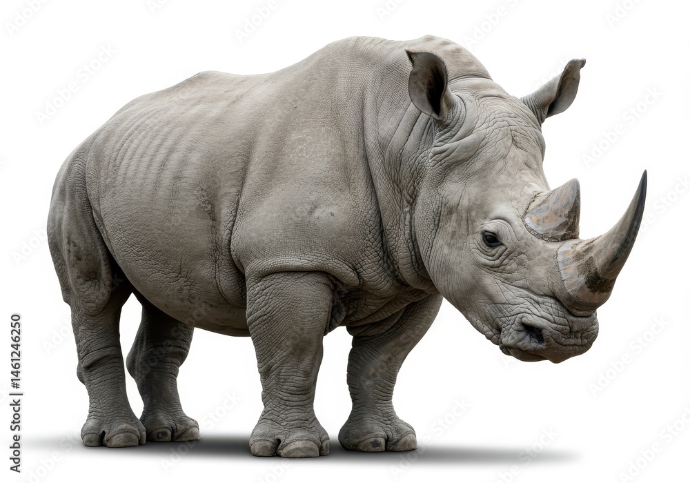Obraz premium Standing rhinoceros with large horn isolated on white background, full view