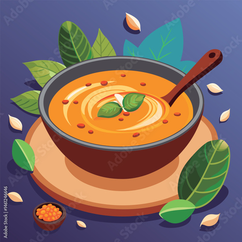 Appetizing orange soup with fresh herbs.