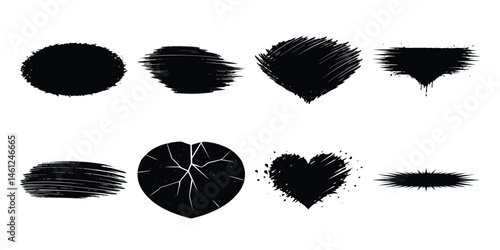"Grunge Heart and Shape Ink Blot Clipart Collection – Black Textured Brush Stroke Elements for Artistic and Emotional Design Projects"