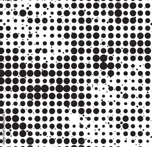 A dense of overlapping black and white circles creates a dynamic abstract texture.
