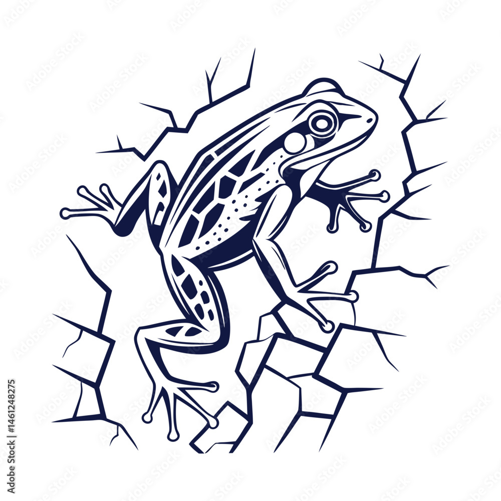 Fototapeta premium Fierce Frog Leaping Through Cracked Wall Design