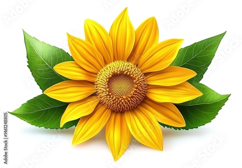 Wallpaper Mural A yellow sunflower with green leaves, set against a white background, creating a natural and vibrant atmosphere. Torontodigital.ca