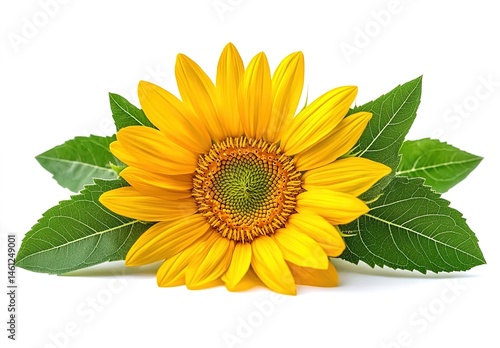 Wallpaper Mural A yellow sunflower with green leaves, set against a white background, creating a natural and vibrant atmosphere. Torontodigital.ca