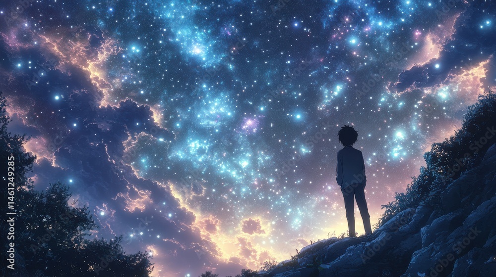 Fototapeta premium A single man gazing at the cosmic horizon, where distant stars meet glowing nebulae