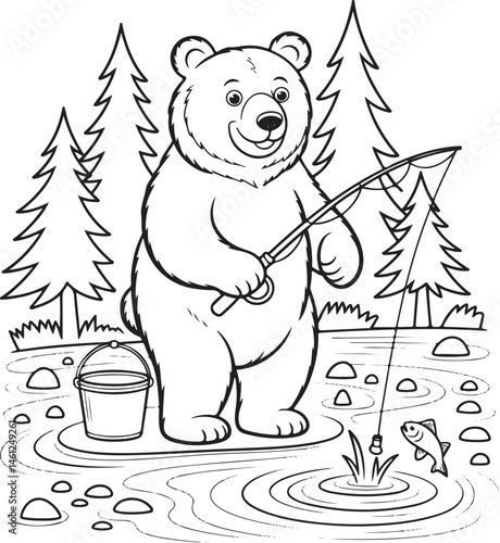 Bear Fishing in River with Pine Trees – Black and White Line Art Silhouette