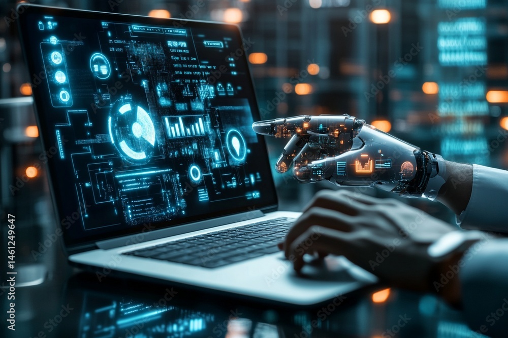 Businessmen and humanoid robot work on a project chat bot chatbot ai bot Businessmen and humanoid robot work on a project chat bot chatbot ai bot