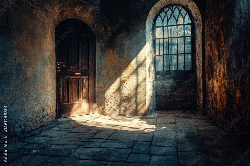 Sunlit interior of a historic room. Sunlight streams through a gothic arch window, illuminating a dark room with aged walls and stone floor Sunlit interior of a historic room. Sunlight streams through a gothic arch window, illuminating a dark room with aged walls and stone floor