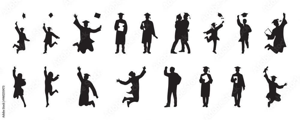 Set of university student and graduate silhouettes celebrating with caps, diplomas, and joyful poses on white background Set of university student and graduate silhouettes celebrating with caps, diplomas, and joyful poses on white background