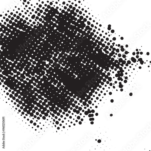 Black dots disperse across a white background creating an abstract dynamic