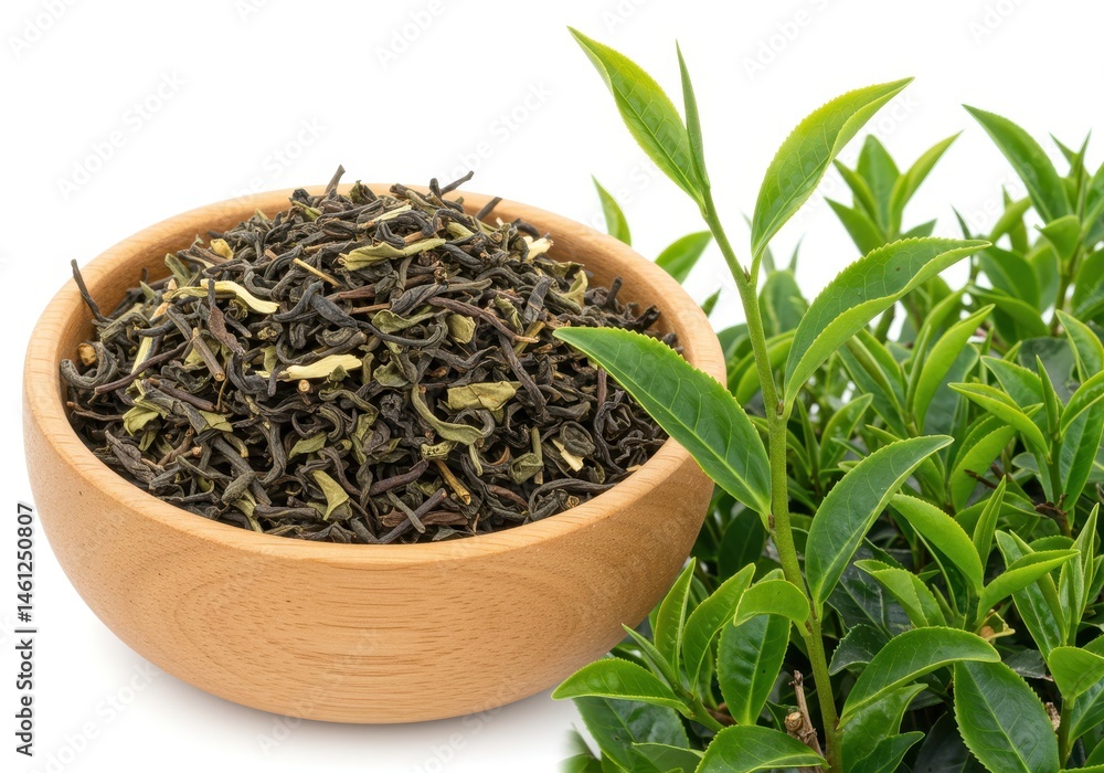 Fototapeta premium Dried green tea leaves in wooden bowl with fresh tea plant on white background