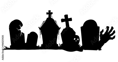 Spooky graveyard silhouette illustration, tombs and crosses with a zombie hand.