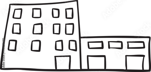 A simple drawing depicts three buildings in a row.