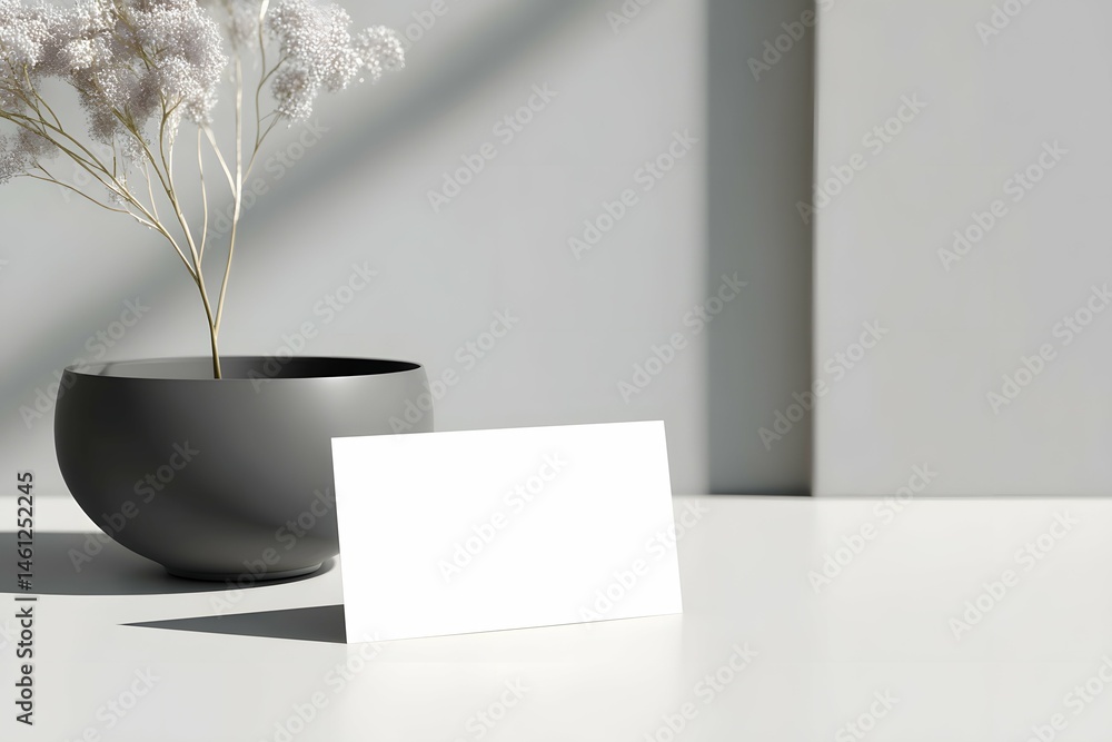 A sleek business card centerpiece on a minimalist stage, shining like a star.