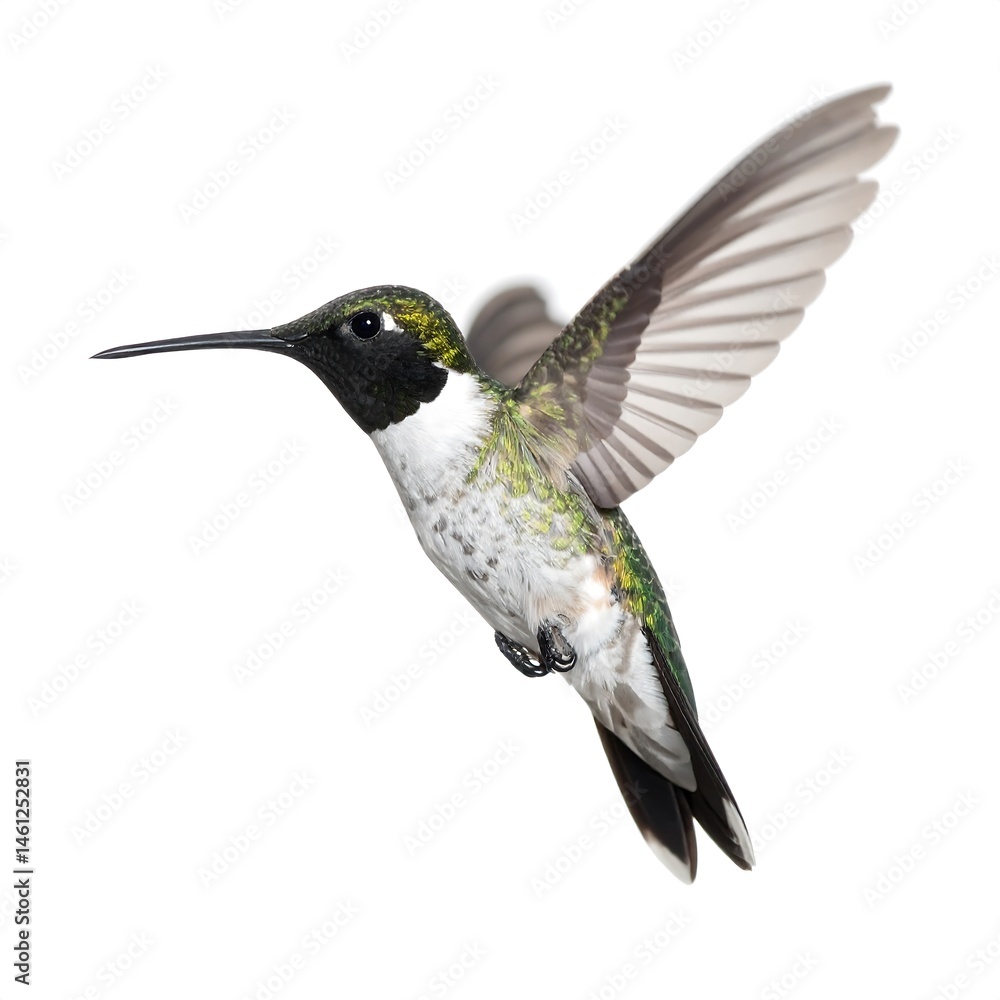 Obraz premium Green and White Hummingbird in Flight Against White Background