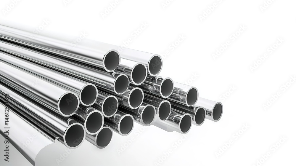 A group of shiny metal pipes placed on a white surface. A group of shiny metal pipes placed on a white surface.