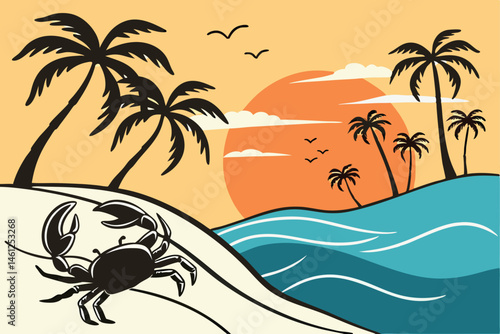 46 Beach scene, silhouette of crab, palm trees, golden sunset, sand dunes, ocean waves, tropical island, minimalist style, flat design, vector illustration, vibrant colors, orange sky, blue water, bla