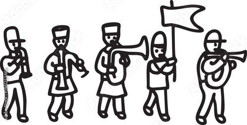 Five figures march in formation with instruments and a flag.