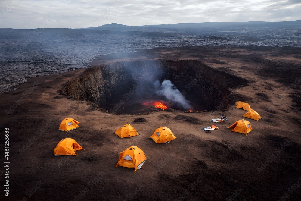 Lava crater camp offers an adventurous base with tents around a molten volcanic crater.