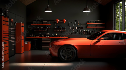 Modern Red Sports Car In Dark Garage