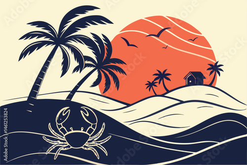 46 Beach scene, silhouette of crab, palm trees, golden sunset, sand dunes, ocean waves, tropical island, minimalist style, flat design, vector illustration, vibrant colors, orange sky, blue water, bla
