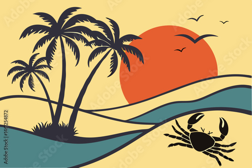46 Beach scene, silhouette of crab, palm trees, golden sunset, sand dunes, ocean waves, tropical island, minimalist style, flat design, vector illustration, vibrant colors, orange sky, blue water, bla