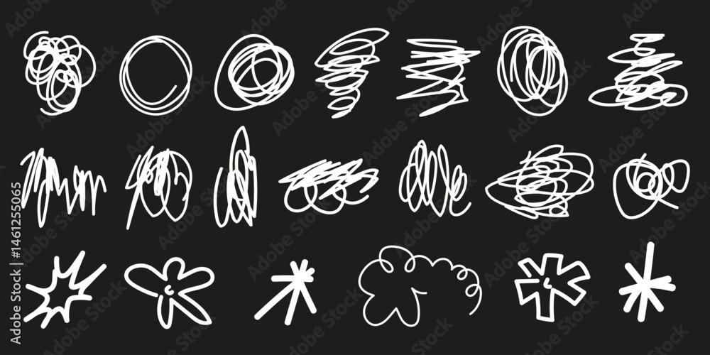 Fototapeta premium Set of scribble doodle elements. Hand drawn vector graphic shapes, line, circle, flowers. Various abstract white forms and symbols on black background. Doodle sketch style